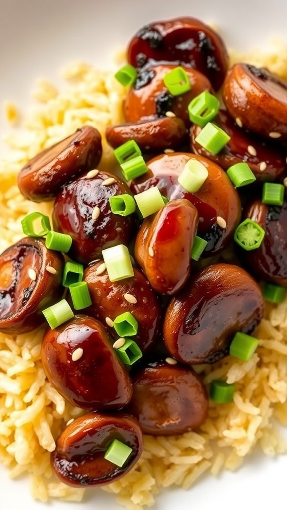 Crispy Rice with Miso Mushrooms Recipe Crispy rice topped with miso mushrooms, garnished with green onions and sesame seeds on a white plate.